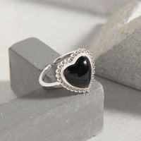 Black Agate Heart Bead Border Adjustable Ring