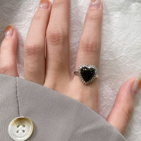 Black Agate Heart Bead Border Adjustable Ring