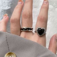 Black Agate Heart Bead Border Adjustable Ring