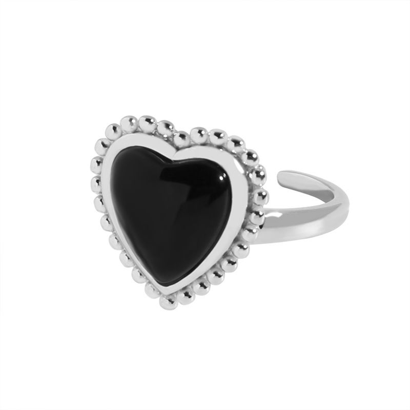 Black Agate Heart Bead Border Adjustable Ring
