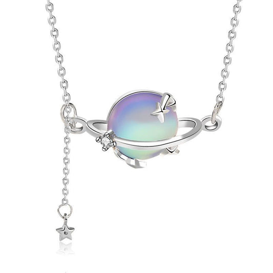 Natural Moonstone Planet and Star Necklace, 925 Sterling Silver
