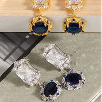 Crystal Rectangle and Round Dangling Earrings, 925 Sterling Silver