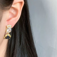 Crystal Rectangle and Round Dangling Earrings, 925 Sterling Silver