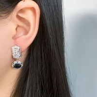 Crystal Rectangle and Round Dangling Earrings, 925 Sterling Silver