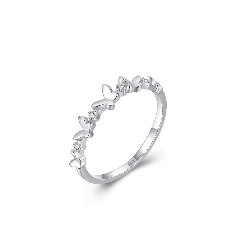 Sweet Girl Flying Butterflies Crystal Sterling Silver Ring