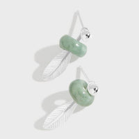 Green Natural Jade Circle Feather Stud Earrings in 925 Sterling Silver