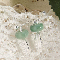 Green Natural Jade Circle Feather Stud Earrings in 925 Sterling Silver
