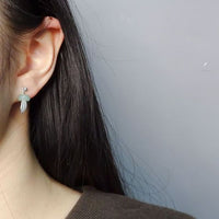Green Natural Jade Circle Feather Stud Earrings in 925 Sterling Silver