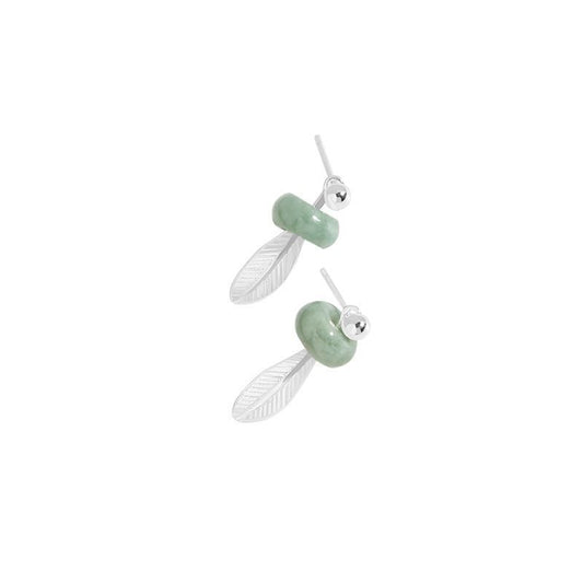Green Natural Jade Circle Feather Stud Earrings in 925 Sterling Silver