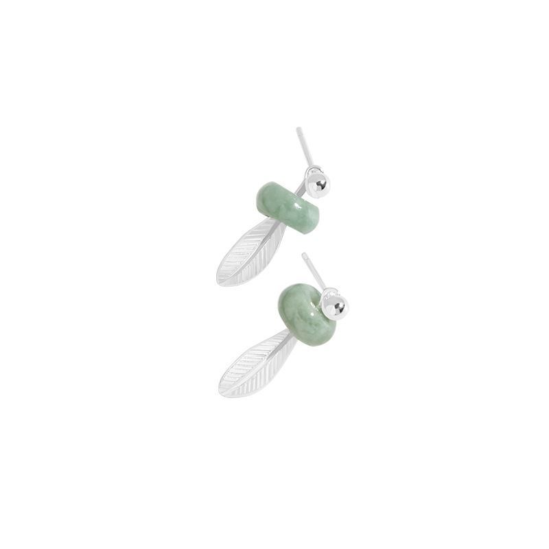 Green Natural Jade Circle Feather Stud Earrings in 925 Sterling Silver