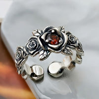 Vintage Rose Flower Red Crystal Sterling Silver Adjustable Ring