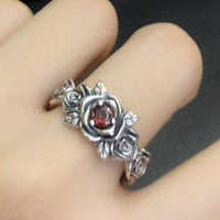 Vintage Rose Flower Red Crystal Sterling Silver Adjustable Ring