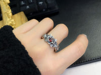 Vintage Rose Flower Red Crystal Sterling Silver Adjustable Ring