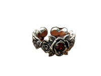 Vintage Rose Flower Red Crystal Sterling Silver Adjustable Ring