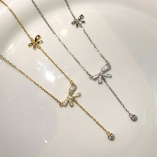 Sweet CZ Bow-Knot Tassel Necklace