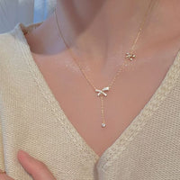 Sweet Crystal Bow-Knot Tassel Necklace