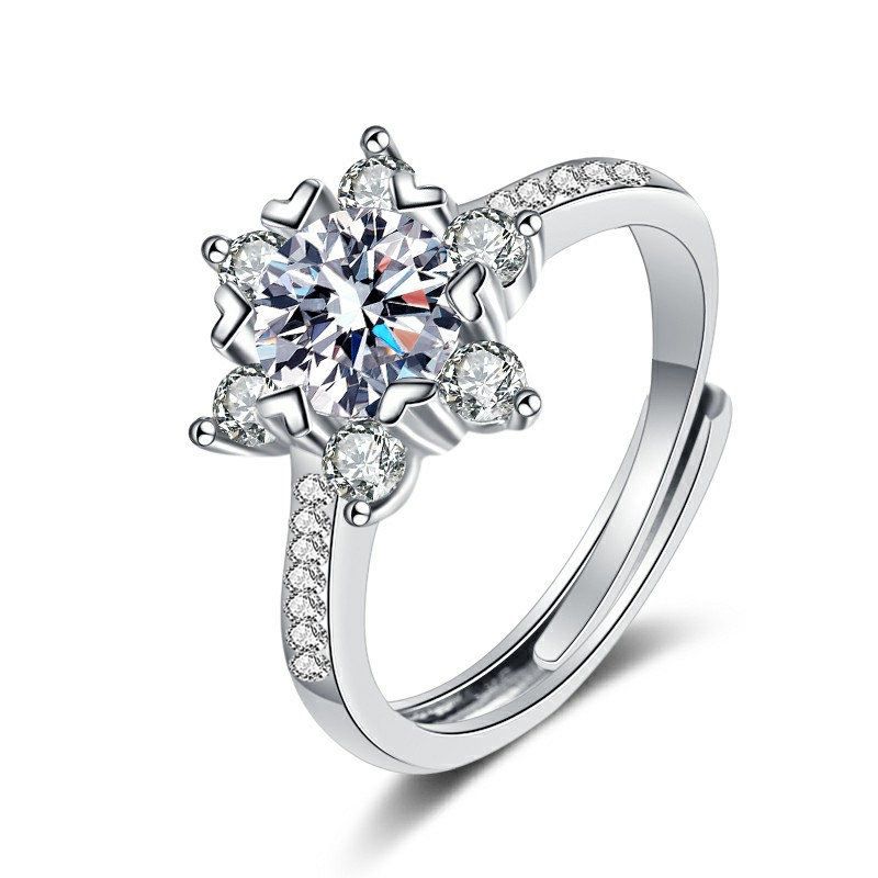 Holiday Snowflake Moissanite Crystal Adjustable 925 Sterling Silver Ring