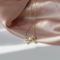 Sweet Star Moon Pearl Bowknot Necklace in 925 Sterling Silver