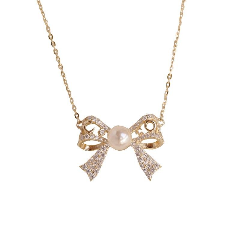 Sweet Star Moon Pearl Bowknot Necklace in 925 Sterling Silver
