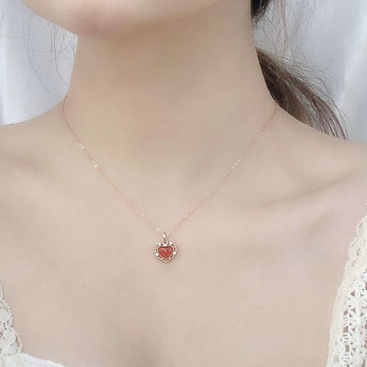 Red Agate Heart Necklace with CZ Halo, 925 Sterling Silver