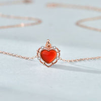 Red Agate Heart Necklace with Crystal Halo, 925 Sterling Silver