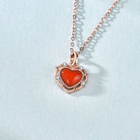 Red Agate Heart Necklace with Crystal Halo, 925 Sterling Silver