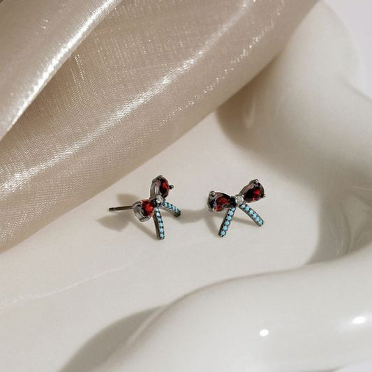Red and Blue CZ Bow Knot Sterling Silver Stud Earrings