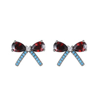 Red and Blue Crystal Bow Knot Sterling Silver Stud Earrings