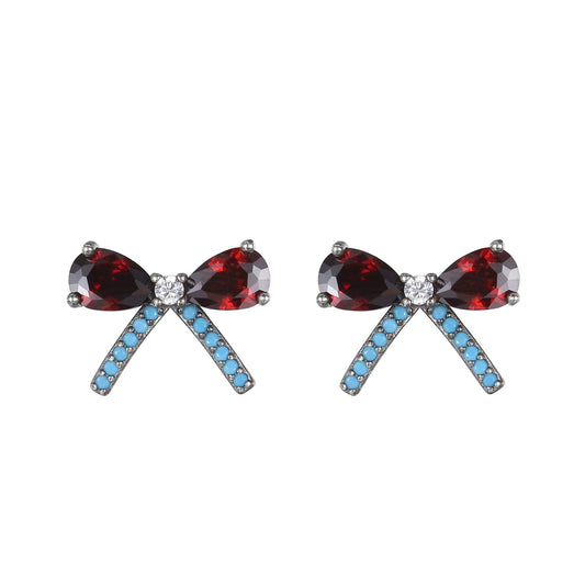 Red and Blue CZ Bow Knot Sterling Silver Stud Earrings