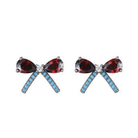 Red and Blue Crystal Bow Knot Sterling Silver Stud Earrings
