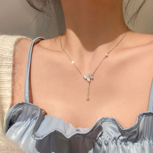 CZ Butterfly Tassel Sterling Silver Necklace