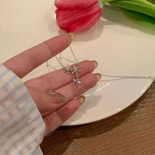 Three CZ Flower Necklace in 925 Sterling Silver