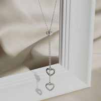 Double Crystal Heart Tassel Necklace in 925 Sterling Silver