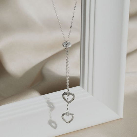 Double CZ Heart Tassel Necklace in 925 Sterling Silver