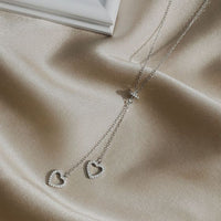 Double Crystal Heart Tassel Necklace in 925 Sterling Silver