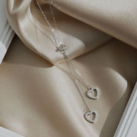 Double Crystal Heart Tassel Necklace in 925 Sterling Silver