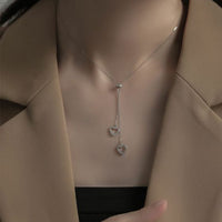 Double Crystal Heart Tassel Necklace in 925 Sterling Silver