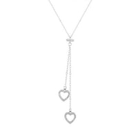 Double Crystal Heart Tassel Necklace in 925 Sterling Silver
