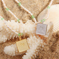 Shell Pearl Heart Square Tag Necklace, 925 Sterling Silver