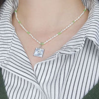 Shell Pearl Heart Square Tag Necklace, 925 Sterling Silver