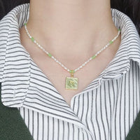 Shell Pearl Heart Square Tag Necklace, 925 Sterling Silver