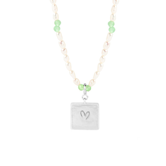 Shell Pearl Heart Square Tag Necklace, 925 Sterling Silver