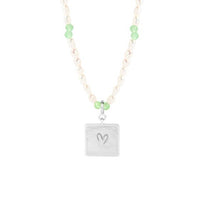 Shell Pearl Heart Square Tag Necklace, 925 Sterling Silver