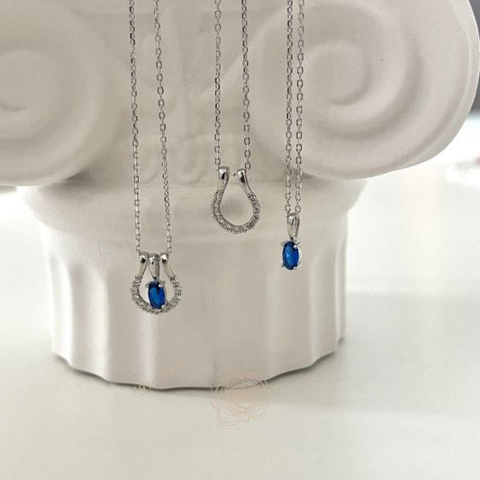 Blue Oval CZ Necklace in 925 Sterling Silver