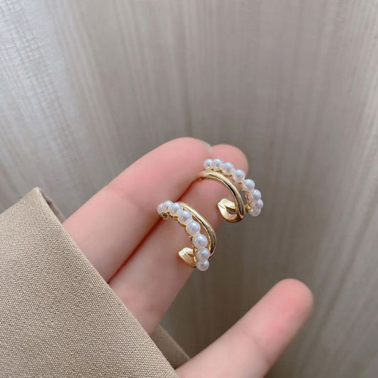 Double Layer Shell Pearl Wave Hoop Earrings, 925 Sterling Silver