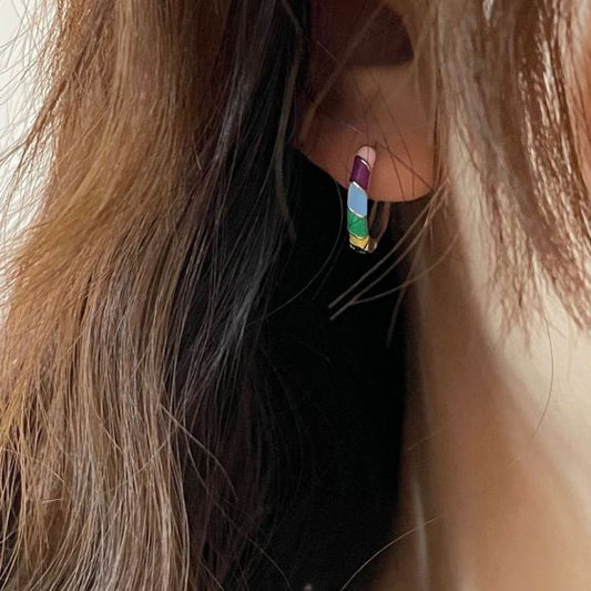 Colorful Epoxy Circle 925 Sterling Silver Huggie Hoops