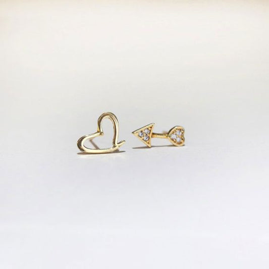 Asymmetrical CZ Arrow Pierces Heart Stud Earrings