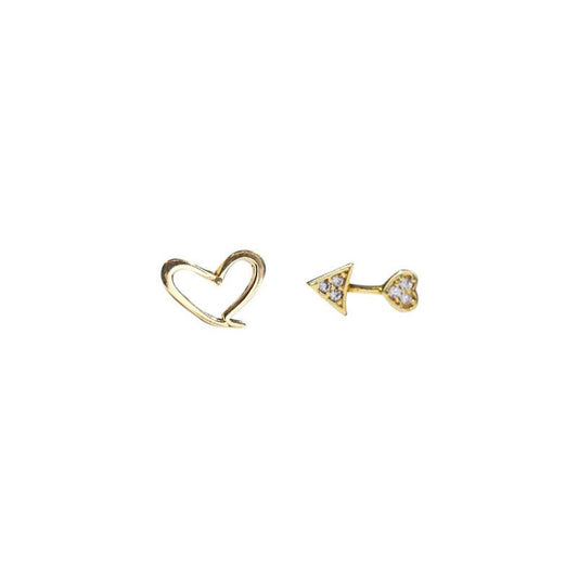 Asymmetrical CZ Arrow Pierces Heart Stud Earrings