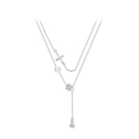 Shell Pearl Cross Necklace with Crystal Tassels, 925 Sterling Silver