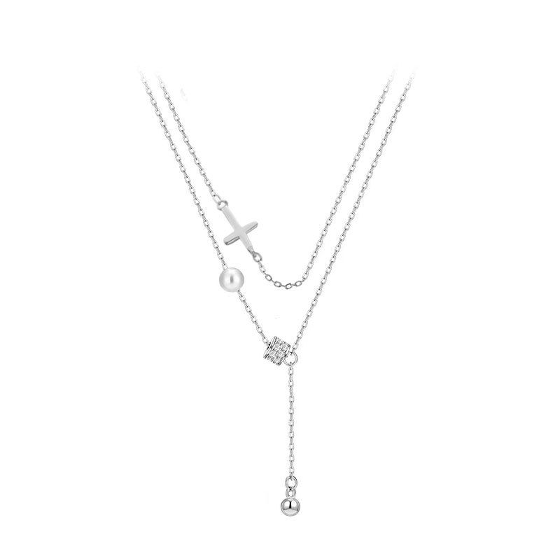 Shell Pearl Cross Necklace with Crystal Tassels, 925 Sterling Silver